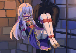  1boy absurdres arms_behind_back black_footwear bondage bondage bondage bound bound_ankles bound_arms bound_legs bound_thighs bound_torso bound_wrists cailin020 carrying cloth_gag commission dress english_commentary faceless faceless_male female fire_emblem fire_emblem:_three_houses gag gagged highres improvised_gag long_hair long_sleeves lysithea_von_ordelia pantyhose princess_carry purple_dress purple_eyes red_rope restrained rope second-party_source shibari_over_clothes solo_focus white_hair white_pantyhose 