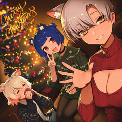  3girls absurdres animal_ear_fluff animal_ears black_pantyhose blue_hair blue_jacket blush breasts cat_ears choker christmas cleavage cleavage_cutout closed_eyes closed_mouth clothing_cutout colored_tips couch cup drinking earrings extra_ears flat_chest green_sweater grey_hair gris_(vertigris) hand_up highres holding holding_cup indoors jacket jewelry kara_(vertigris) large_breasts long_sleeves meme_attire merry_christmas mouse_ears mouse_girl mouse_tail multicolored_hair multiple_girls oerba_yun_fang open-chest_sweater open_clothes open_jacket open_mouth original pantyhose parted_bangs perl_(vertigris) red_eyes red_sweater shirt short_hair sidelocks sitting smile steam stud_earrings sweater tail turtleneck turtleneck_sweater v vertigris waving white_hair white_shirt yellow_eyes 