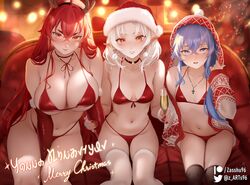  3girls absurdres ahoge albino bare_shoulders bikini black_hairband black_thighhighs blue_eyes blue_hair blush breasts choker christmas cleavage collarbone commentary crossed_bangs elf eris_greyrat hairband hat highres large_breasts long_hair looking_at_viewer medium_breasts multiple_girls mushoku_tensei navel open_mouth pointy_ears red_bikini red_eyes red_hair roxy_migurdia short_hair sitting small_breasts smile swimsuit sylphiette_(mushoku_tensei) symbol-only_commentary thighhighs thighs white_hair white_thighhighs zasshu 