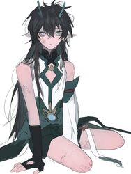  1boy 6_factorial :&lt; absurdres amputee aqua_eyes arm_at_side between_legs black_gloves black_hair black_shorts brooch cleavage_cutout closed_mouth clothing_cutout collared_shirt commentary dan_heng_(honkai:_star_rail) dan_heng_(imbibitor_lunae)_(honkai:_star_rail) detached_sleeves double_amputee earrings fingerless_gloves frown full_body gloves green_horns green_sash hand_between_legs hand_rest highres honkai:_star_rail honkai_(series) horns injury invisible_chair jewelry legless_amputee long_hair long_sleeves looking_at_viewer male_focus messy_hair pointy_ears sash scratches shirt shorts sidelocks simple_background single_detached_sleeve single_sleeve sitting sleeveless sleeveless_shirt solo symbol-only_commentary very_long_hair waist_sash white_background white_shirt 