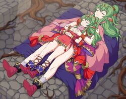  2girls blanket cape commission dual_persona fire_emblem fire_emblem:_mystery_of_the_emblem fire_emblem_awakening green_hair highres hug igni_tion in-franchise_crossover lying multiple_girls on_back red_footwear sleeping sleeping_on_person smile sunlight tiara tiki_(adult)_(fire_emblem) tiki_(fire_emblem) tiki_(young)_(fire_emblem) 