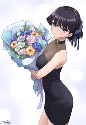  black_dress black_hair blue_background blue_eyes blush bouquet breasts choker cleavage dress earrings female flower gem hair_ribbon highres jewelry komi-san_wa_komyushou_desu komi_shouko large_breasts lens_flare light_smile looking_at_viewer necklace ribbon short_ponytail signature smile solo thighs yuhi_(yuhi_atb26) 