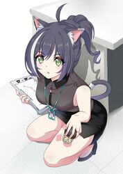  ahoge animal_ear_fluff animal_ears badge bare_arms bare_legs black_footwear black_hair black_skirt blush breasts cat_ears cat_girl cat_tail commentary cup disposable_coffee_cup disposable_cup female full_body green_eyes grey_shirt hair_between_eyes half_updo high_heels highres holding jewelry karyl_(princess_connect!) kokkoro_(princess_connect!) maxwelzy medium_breasts miniskirt oerba_yun_fang office_lady on_one_knee open_mouth pencil_skirt princess_connect! pumps ring shadow shirt side_slit skin_fang skirt sleeveless sleeveless_shirt solo tail 