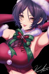  armpits bare_shoulders black_hair breasts christmas cleavage female fur-trimmed_gloves fur-trimmed_headwear fur_collar fur_trim gloves hat hayami_kanade highres idolmaster idolmaster_cinderella_girls koya_(koya_x_00) large_breasts parted_bangs pom_pom_(clothes) red_gloves red_hat red_shirt santa_costume santa_hat see-through see-through_cleavage shirt short_hair sideboob smile solo tongue tongue_out yellow_eyes 