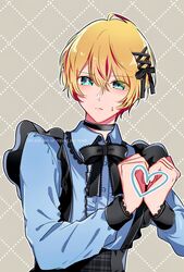  1boy black_bow black_bowtie black_overalls black_ribbon blonde_hair blue_eyes blue_shirt blush bow bowtie closed_mouth hair_between_eyes hair_ornament hair_ribbon heart heart_hands highres hoshino_aquamarine maid male_focus marillust oshi_no_ko overalls ribbon shirt short_hair solo star-shaped_pupils star_(symbol) symbol-shaped_pupils 