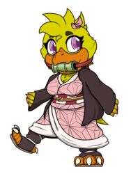  2023 3:4 alpha_channel asian_clothing avian beak bird chibi chica_(fnaf) chica_(thevgbear) chicken claws clothing cosplay crossover digital_media_(artwork) east_asian_clothing feathers female fingers five_nights_at_freddy&#039;s galliform gallus_(genus) japanese_clothing kimetsu_no_yaiba kimono nezuko_kamado phasianid purple_eyes scottgames thevgbear yellow_body yellow_feathers yellow_skin 