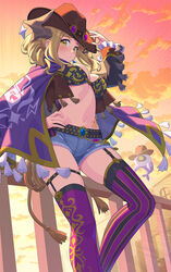  against_railing asymmetrical_legwear belt blonde_hair bra breasts cape cleavage commentary cowboy_hat cowboy_shot cowboy_western denim denim_shorts female genjitsu_no_yohane hand_on_headwear hand_on_own_hip hat horns looking_at_viewer looking_to_the_side love_live! love_live!_school_idol_festival_all_stars love_live!_sunshine!! mari_(genjitsu_no_yohane) midriff mismatched_legwear navel official_alternate_costume ohara_mari orange_clouds orange_sky pellapie_(genjitsu_no_yohane) print_cape purple_thighhighs railing shorts sky solo stomach_tattoo tassel tattoo thigh_strap thighhighs underwear waste-man whip yellow_eyes 