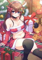  absurdres alternate_costume animal_costume animal_ears ankimo_(tokino_sora) antlers bare_shoulders bell belt blue_eyes blush box breasts brick_wall brown_hair center_frills christmas christmas_present christmas_stocking christmas_tree cleavage collar collarbone deer_ears detached_sleeves female frills gift gift_box hair_between_eyes hair_ornament hair_ribbon hairclip hat highres hololive horns hosi_0729 long_hair looking_at_viewer midriff navel reindeer_antlers reindeer_costume ribbon scar skirt solo strapless stuffed_animal stuffed_toy thighhighs tokino_sora top_hat tube_top virtual_youtuber 