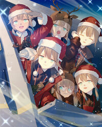  2boys 2girls 2others animal_costume antlers aqua_eyes baker_nemo_(fate) blonde_hair blue_hair blunt_bangs braid captain_nemo_(fate) christmas closed_eyes collared_shirt down_jacket engineer_nemo_(fate) fate/grand_order fate_(series) fur-trimmed_headwear fur_hat fur_trim glasses gloves gradient_hair grin hat highres hiiragi_(karashriker) horns jacket low_twintails marine_nemo_(fate) multicolored_hair multiple_boys multiple_girls multiple_others nemo_(fate) nemo_(santa)_(fate) nurse_nemo_(fate) professor_nemo_(fate) reindeer_antlers reindeer_costume reindeer_hat santa_costume santa_hat shirt signature single_braid smile twintails ushanka 