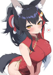  absurdres alternate_costume animal_ear_fluff animal_ears bare_arms black_hair blush breasts brown_eyes china_dress chinese_clothes commentary dress female hair_ornament heart highres hiroikara_(smhong04) hololive large_breasts long_hair looking_at_viewer multicolored_hair ookami_mio ponytail red_hair simple_background smile solo spoken_heart streaked_hair tail upper_body v_arms virtual_youtuber white_background wolf_ears wolf_girl wolf_tail 