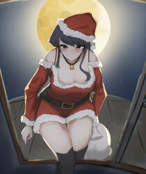  bag bell black_eyes black_hair blush boots bra_strap breasts choker cleavage cleavage_cutout clothing_cutout dress female full_moon hat highres komi-san_wa_komyushou_desu komi_shouko large_breasts long_hair miniskirt moon moonlight neck_bell night night_sky santa_boots santa_costume santa_dress santa_hat skirt sky solo thighs through_window window yona_springer 