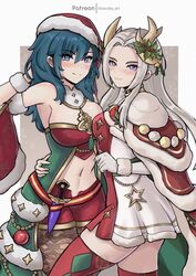  2girls absurdres antlers arm_around_waist artist_name blue_eyes blue_hair breasts brooch byleth_(female)_(fire_emblem) byleth_(female)_(frosty_professor)_(fire_emblem) byleth_(fire_emblem) cape chascoby christmas commentary_request edelgard_von_hresvelg edelgard_von_hresvelg_(snowfall_future) english_commentary fake_antlers fire_emblem fire_emblem:_three_houses fire_emblem_heroes gloves hat highres holly horns jewelry large_breasts long_hair looking_at_viewer medium_hair multiple_girls navel official_alternate_costume pantyhose patreon_username red_cape red_thighhighs reindeer_antlers santa_hat small_breasts smile thighhighs white_gloves white_hair zettai_ryouiki 