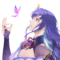  armor breasts bridal_gauntlets bug butterfly cleavage crystalfly_(genshin_impact) female from_side genshin_impact hair_ornament highres japanese_clothes kimono koko_(koko67956359) large_breasts long_hair looking_up parted_lips purple_butterfly purple_eyes purple_hair purple_kimono purple_nails raiden_shogun shoulder_armor simple_background solo upper_body white_background 