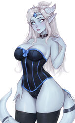  absurdres bare_shoulders black_choker black_corset black_panties black_thighhighs blonde_hair blue_bow blue_sclera blue_skin blush bow breasts choker circlet cleavage colored_sclera colored_skin corset draenei dragon_horns female highres horns kayav large_breasts long_hair panties pointy_ears simple_background solo tail thighhighs underwear warcraft white_background white_eyes world_of_warcraft 