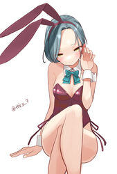  alternate_costume animal_ears aqua_bow aqua_bowtie bow bowtie breasts crossed_legs detached_collar female forehead grey_hair invisible_chair kantai_collection leotard medium_breasts playboy_bunny purple_leotard rabbit_ears rabbit_tail short_hair side-tie_leotard simple_background sitting solo strapless strapless_leotard swept_bangs tail tamanami_(kancolle) tetsukuzu_(yajirushi_shita) white_background wrist_cuffs yellow_eyes 