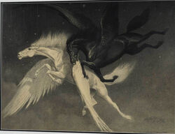  1925 20th_century 2_wings 4_legs 6_limbs ambiguous_gender ancient_art angry battle bite black_body black_feathers black_fur black_mane black_tail charcoal_(artwork) cloud duo equid equine feathers feral fight fleeing fur george_ford_morris greyscale hooves mammal mane monochrome mythological_creature mythological_equine mythology night pegasus scared sky star starry_sky tail traditional_media_(artwork) white_body white_feathers white_fur white_mane white_tail wings 