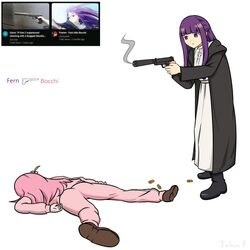  2girls ass black_cloak black_footwear blunt_bangs bocchi_the_rock! boots brown_footwear cloak commentary counter-strike counter-strike_(series) crossover dress english_commentary english_text family_guy_death_pose_(meme) fern_(sousou_no_frieren) glock gotoh_hitori gun handgun holding holding_gun holding_weapon jacket john_a long_hair lying meme multiple_girls on_stomach open_cloak open_clothes pants photo_inset pink_hair pink_jacket pink_pants purple_eyes purple_hair shoes simple_background smoke sousou_no_frieren suppressor weapon white_background white_dress youtube 