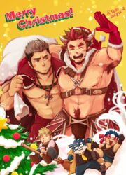  2boys abs absurdres alternate_costume archem_(crave_saga) arm_up armpits bara black_male_underwear blue_hair blush briefs broom broom_riding brown_eyes brown_hair cape chest_belt chest_harness chibi christmas christmas_tree closed_eyes closed_mouth coat crave_saga dog_boy facial_hair facial_mark fur-trimmed_cape fur-trimmed_gloves fur-trimmed_jacket fur_trim glasses gloves goatee goggles goggles_around_neck grey_hair harness hat headband high_collar highres holding holding_sack jacket jacket_on_shoulders jewelry key key_necklace looking_at_another lucion_(crave_saga) male_focus male_underwear merry_christmas multiple_boys muscular muscular_male navel_hair necklace necktie open_mouth pants pectorals red_cape red_gloves red_hair red_pants sack safu_(maimai3737) santa_hat short_hair shorts smile stannis_(crave_saga) star_(symbol) star_facial_mark tagmard_(crave_saga) tank_top undercut underwear v-shaped_eyebrows vastor_(crave_saga) vest yaoi yellow_background 