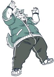  2023 anthro belly bottomwear canid canine canis clothing domestic_dog hi_res humanoid_hands kemono lifewonders live_a_hero male mammal mokdai one_eye_closed overweight overweight_male pants raozone shirt simple_background solo topwear white_background wink 