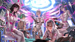  5girls alternate_costume ashe_(overwatch) blonde_hair breasts brown_hair cleavage d.va_(overwatch) garter_straps green_hair grey_hair hat highres kiriko_(overwatch) liang_xing looking_at_viewer mechanical_wings mercy_(overwatch) multiple_girls nurse nurse_cap overwatch overwatch_1 overwatch_2 panties panty_peek pov purple_hair smile syringe thighhighs underwear widowmaker_(overwatch) wings 