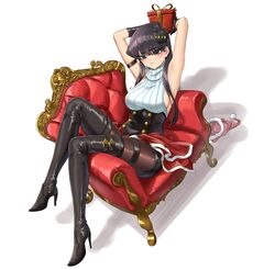  alternate_costume armchair arms_up black_eyes black_hair blush boots box breasts brown_pantyhose chair corset female full_body gift gift_box hat high_heel_boots high_heels highres holding holding_gift komi-san_wa_komyushou_desu komi_shouko large_breasts mitsugu pantyhose santa_hat sideboob skirt sleeveless sleeveless_turtleneck smile solo thigh_boots turtleneck unworn_hat unworn_headwear white_background 