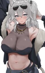  absurdres animal_ear_piercing animal_ears armpits bare_shoulders blush breasts cleavage collarbone ear_piercing female fur-trimmed_jacket fur_trim green_eyes grey_eyes grey_hair hair_between_eyes highres hololive jacket jewelry large_breasts lion_ears lion_girl lion_tail long_hair looking_at_viewer midriff navel necklace piercing see-through see-through_cleavage shishiro_botan shishiro_botan_(1st_costume) simple_background skirt solo stomach tail tomj twintails virtual_youtuber white_background 