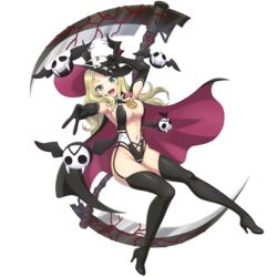  bat_(animal) black_gloves black_headwear blonde_hair boots breasts cleavage dolphin_wave double_v elbow_gloves female gloves green_eyes gyaru_v high_heels highres izumi_kiri large_breasts long_hair navel non-web_source official_art ootomo_takuji open_mouth scythe senran_kagura shiki_(senran_kagura) smile thigh_boots transparent_background v 