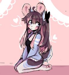  anakoluth anthro blue_eyes breasts brown_hair clothing female hair heart_symbol hi_res kneeling lagomorph leporid liz_(anakoluth) mammal neckwear pawpads paws rabbit simple_background solo 