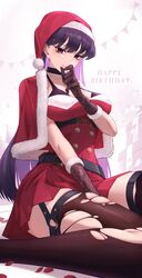  belt black_bra black_hair black_pantyhose bra breasts choker christmas christmas_present chuuni227 cleavage dress female gift gloves happy_birthday hat highres komi-san_wa_komyushou_desu komi_shouko large_breasts long_hair makeup mascara pantyhose petals santa_costume santa_dress santa_gloves santa_hat solo thigh_belt thigh_strap thighs torn_clothes torn_pantyhose underwear 