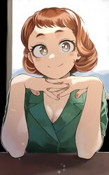  absurdres boku_no_hero_academia breasts brown_eyes brown_hair cleavage closed_mouth dress elbows_on_table female fengling_(furin-jp) green_dress highres interlocked_fingers looking_at_viewer official_alternate_costume official_alternate_hairstyle own_hands_together pov_across_table short_hair smile solo uraraka_ochako 