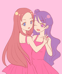  2girls :d ;d ageha_mia back bare_shoulders blue_eyes blush collarbone commentary_request dress forehead hair_bun happy holding_hands hye_in_(pretty_rhythm) interlocked_fingers isumi_nekorin large_forehead long_hair looking_at_viewer matching_outfits multiple_girls one_eye_closed open_mouth pink_background pretty_rhythm pretty_rhythm_dear_my_future pretty_series purple_eyes purple_hair red_dress simple_background single_hair_bun smile standing very_long_hair yuri 