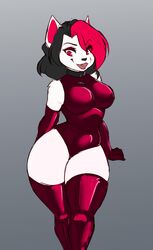  2019 absurd_res anthro bangs black_hair black_nose breasts clothing collar collarbone curvy_figure cute_fangs digital_media_(artwork) domestic_cat felid feline felis female fur glistening glistening_clothing glistening_gloves glistening_handwear glistening_legwear gloves hair handwear happy hi_res highlights_(coloring) hourglass_figure inu-sama latex latex_clothing latex_skinsuit legwear looking_down mammal medium_breasts monotone_body monotone_fur open_mouth open_smile portrait red_clothing red_eyes red_gloves red_handwear red_highlights red_legwear rubber_clothing shaded simple_background skinsuit small_waist smile solo standing straight_hair thick_thighs thigh_highs three-quarter_portrait tight_clothing white_body white_fur wide_hips 