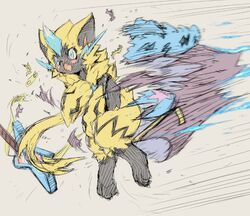  2019 ambiguous_gender band_style_zeraora blue_eyes blush claws clothesplosion clothing covering covering_crotch covering_self cute_fangs dean_ml electric_guitar fangs felid fur generation_7_pokemon guitar legendary_pokemon mammal musical_instrument nintendo open_mouth plucked_string_instrument pokemon pokemon_(species) simple_background solo string_instrument tatotake_mono teeth torn_clothing wardrobe_malfunction yellow_body yellow_fur zeraora 