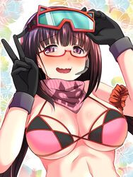  bare_shoulders bikini black_gloves blush breasts brown_hair cleavage fate/grand_order fate_(series) female glasses gloves goggles goggles_on_head large_breasts long_hair looking_at_viewer navel open_mouth osakabehime_(fate) osakabehime_(swimsuit_archer)_(fate) osakabehime_(swimsuit_archer)_(second_ascension)_(fate) pink_bikini pink_scarf poruporu purple_eyes red-framed_eyewear scarf ski_goggles smile swimsuit twintails v wavy_mouth 