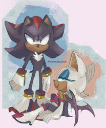  2020 anthro bat breasts clothing duo eulipotyphlan eyeshadow female footwear gloves green_eyes handwear hedgehog makeup male mammal membrane_(anatomy) membranous_wings red_eyes rouge_the_bat sanicbaddie sega shadow_the_hedgehog signature sitting sonic_the_hedgehog_(series) tuft wings 