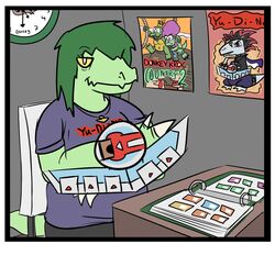  anthro baryonyx border card card_game cavemanon_studios clock crocodile crocodilian crocodylid dinosaur donkey_kong_(series) donkey_kong_country_2 extinct female furniture gaming green_body green_hair hair hi_res i_wani_hug_that_gator jewelry k_rool kalypso konami long_snout looking_at_viewer necklace nintendo nrool olivia_halford prehistoric_species reptile scalie snoot_game snout solo spinosaurid table theropod white_border yellow_sclera yu-gi-oh! 