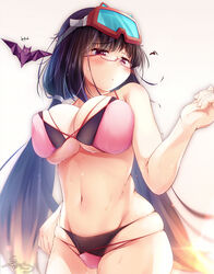  bare_shoulders bat_(animal) bikini blush breasts brown_hair cleavage commentary_request e-note fate/grand_order fate_(series) female glasses goggles goggles_on_head highres large_breasts long_hair looking_at_viewer navel origami osakabehime_(fate) osakabehime_(swimsuit_archer)_(fate) osakabehime_(swimsuit_archer)_(second_ascension)_(fate) pink_bikini purple_eyes red-framed_eyewear ski_goggles skindentation swimsuit twintails 