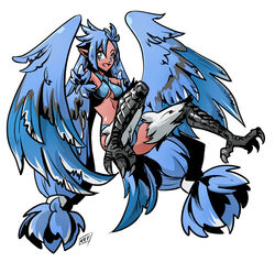  bikini blue_bikini blue_eyes blue_wings claws commentary commission dark-skinned_female dark_skin english_commentary female harpy kukuruyo long_hair monster_girl open_mouth original pointy_ears side-tie_bikini_bottom smile solo swimsuit talons twintails white_background white_fur winged_arms wings 