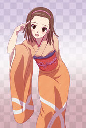  brown_eyes brown_hair checkered_background commentary_request female hairband highres japanese_clothes kimono looking_at_viewer monogatari_(series) nisemonogatari obi obiage obijime orange_kimono pitecube salute sash sengoku_nadeko short_hair solo 