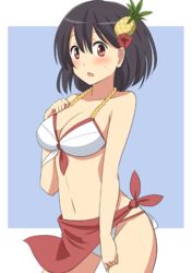  alternate_costume bare_shoulders bikini black_hair breasts cleavage commentary_request cowboy_shot female flower food food-themed_hair_ornament fruit hair_flower hair_ornament hibiscus kantai_collection large_breasts navel outside_border pineapple pineapple_hair_ornament red_eyes sarong shimouki_izui short_hair simple_background solo swimsuit white_bikini yamashiro_(kancolle) 