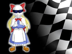  apron bad_id bad_pixiv_id blonde_hair bow capelet checkered_flag chenowski crossed_arms dress female flag helmet long_hair looking_at_viewer parody shanghai_doll the_stig top_gear touhou 