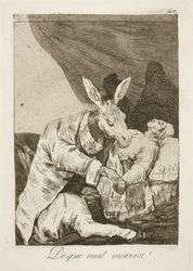  1799 18th_century absurd_res ambiguous_gender ancient_art aquatint asinus bed clothed clothing donkey duo_focus equid equine etching footwear formal_art francisco_goya fur furniture group hi_res hooves human ill jacket license_info los_caprichos lying male mammal monochrome pillow public_domain semi-anthro sepia shirt shoes sitting spanish_text standing text topwear traditional_media_(artwork) translated 