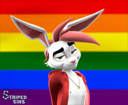  3d_(artwork) accessory anthro clothed clothing digital_media_(artwork) heart_symbol hoodie jewelry lagomorph leporid lgbt_pride lgbt_pride_month looking_at_viewer male mammal multicolored_jewelry multicolored_necklace necklace nipples oliver_(striped_sins) open_clothing open_hoodie open_topwear pride_color_accessory pride_color_background pride_color_jewelry pride_color_necklace pride_colors pride_heart rabbit rainbow_flag rainbow_heart rainbow_pride_colors rainbow_pride_flag rainbow_symbol simple_background six-stripe_rainbow_pride_colors striped_sins topwear willitfit 