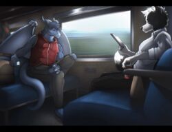  animated anthro backpack beverage blue_body blue_wings book canid canine canis closed_eyes clothed clothing coffee dark_body dark_fur dark_hair dark_tail digital_media_(artwork) domestic_dog dragon duo_focus electronics food food_bag forest fur group hair headphones humanoid inside_train light male male/male mammal metal multicolored_body multicolored_hair muscular muscular_male music mythological_creature mythological_scalie mythology office_clothing onigirichan_art plant scalie seats short_playtime sitting smile sport sunlight tail train tree two_tone_body two_tone_hair vehicle wagon white_body white_fur white_hair window wings 