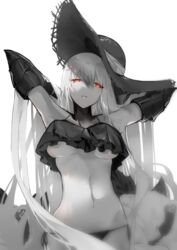  abyssal_ship aircraft_carrier_summer_princess black_hat black_panties breasts commentary_request female hand_in_own_hair hat kantai_collection long_hair looking_at_viewer medium_breasts navel neko_(ganecooo) no_bra panties red_eyes solo stomach sun_hat underwear very_long_hair white_background white_hair 