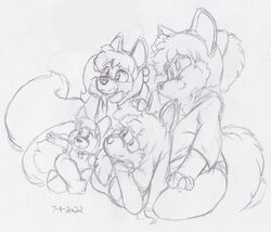  2022 age_difference anthro canid canine celicia_(kitsune_youkai) clothed clothing family female firecat fox group hair hi_res julian_(kitsune_youkai) kit_(kitsune_youkai) kitsune_youkai male mammal monochrome older_female older_male red_fox tail true_fox younger_female younger_male 