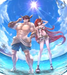  1boy 1girls 5_fingers 5_toes abs absurdres adjusting_eyewear adjusting_glasses alexiel bangs bare_chest bare_shoulders barefoot beach bikini blue_sky brown_hair brown_hair_male clouds cloudscape female fisheye_lens granblue_fantasy hair_between_eyes heart-shaped_eyewear highres long_hair long_hair_female long_red_hair male midriff muscles muscular muscular_male navel no_shirt ocean palm_tree pecs public_topless red-tinted_eyewear red_hair red_hair_female shirtless shoes short_brown_hair short_hair short_hair_male shorts sky sun sunglasses swimwear thighs tinted_eyewear topless topless_female topless_male tree triceps very_long_hair water white_bikini white_bra white_clouds 