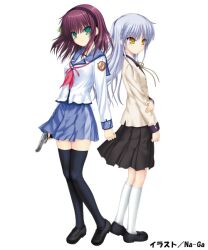  9mm_semi_auto angel_beats! back_to_back black_shoes golden_eyes green_eyes green_hair_ribbon knee_socks long_blue_hair school_uniform short_purple_hair tenshi_(angel_beats!) weapon white yurippe zettai_ryouiki 