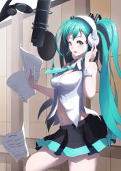  absurdres aqua_eyes aqua_hair bad_id bad_pixiv_id bass_clef beamed_eighth_notes female hatsune_miku headphones highres long_hair microphone musical_note navel necktie neet_(gkmk79) photoshop_(medium) pop_filter quarter_note sharp_sign sheet_music skirt solo studio_microphone time_signature treble_clef twintails very_long_hair vocaloid whole_rest 