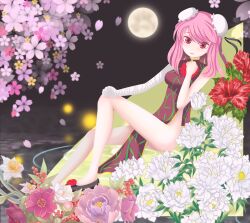  bandages bare_legs blush bud bun_cover china_dress chinese_clothes commentary_request daffodil double_bun dress female flats flower footwear_flower full_moon hair_bun hand_on_own_knee hand_up hibiscus ibaraki_kasen knee_up legs medium_hair mochida_(kokomo) moon no_panties peony_(flower) pink_eyes pink_flower pink_hair red_flower side_slit solo touhou white_flower 